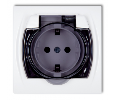 Gniazdo bryzgoszczelne z uziemieniem SCHUKO 2P+Z (klapka dymna, przesłony torów prądowych), Biały Karlik Logo LGPB-1sdp