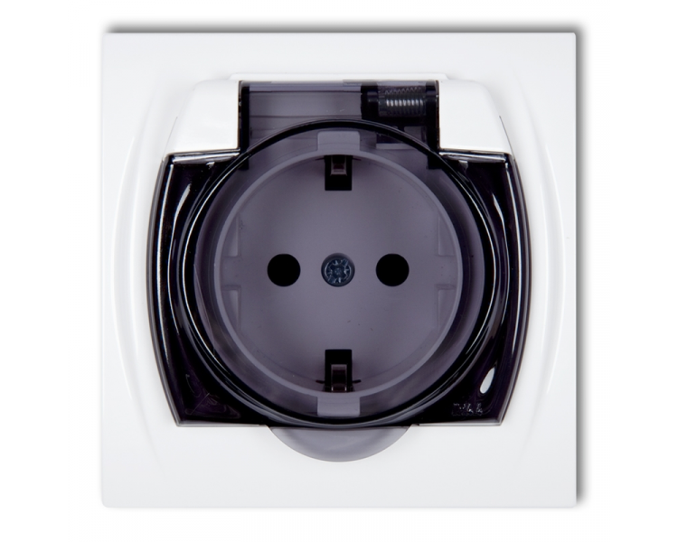 Gniazdo bryzgoszczelne z uziemieniem SCHUKO 2P+Z (klapka dymna, przesłony torów prądowych), Biały Karlik Logo LGPB-1sdp