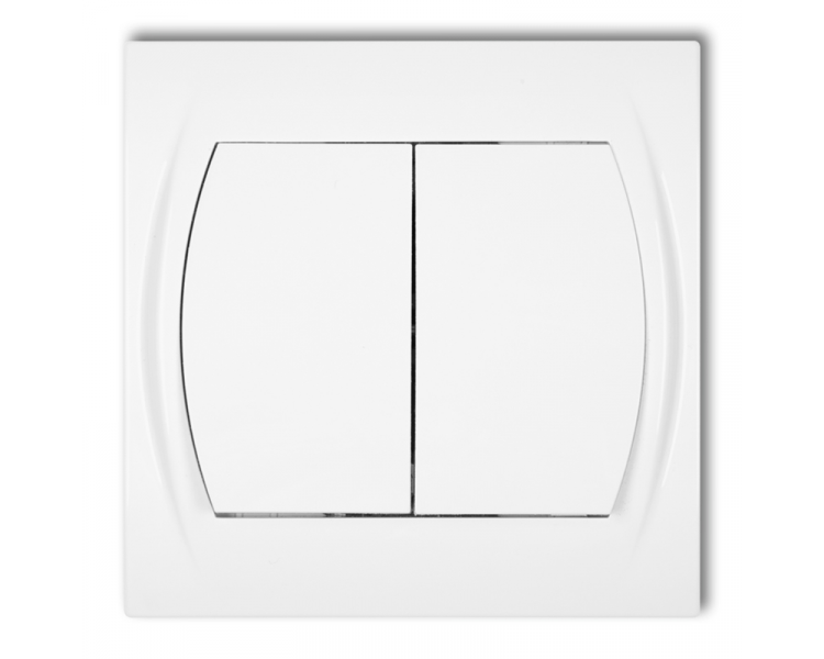 Łącznik pojedynczy ze schodowym (dwa klawisze bez piktogramów, wspólne zasilanie), Biały Karlik Logo LWP-10.11