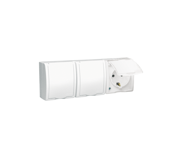 Gniazdo wtyczkowe potrójne z uziemieniem typu SCHUKO z przesłonami torów prądowych - w wersji IP54 -  klapka w kolorze białym bi