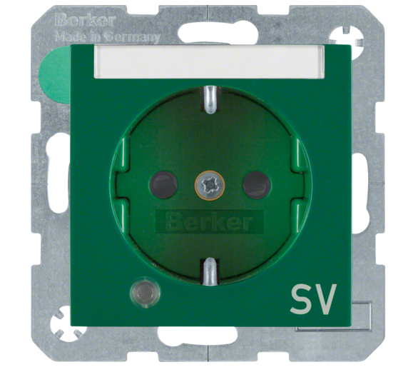 Gniazdo z uziemieniem Schuko lampka kontrolna pole opisowe nadruk SV zielony połysk Berker B.Kwadrat