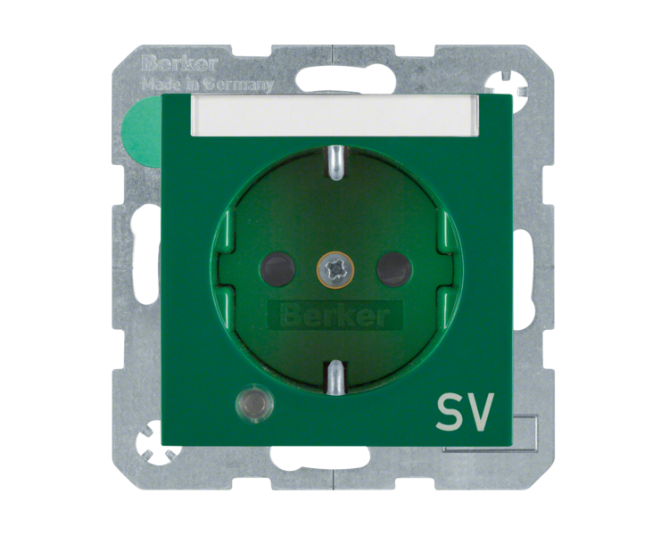 Gniazdo z uziemieniem Schuko lampka kontrolna pole opisowe nadruk SV zielony połysk Berker B.Kwadrat