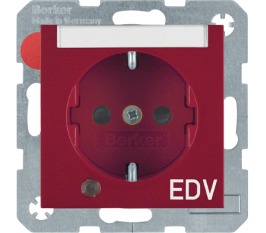 Gniazdo z uziemieniem Schuko lampka kontrolna pole opisowe nadruk EDV czerwony połysk Berker B.Kwadrat/B.3/B.7 41108915
