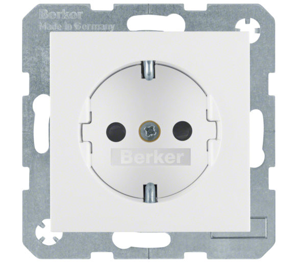 Gniazdo z uziemieniem Schuko i przesłonami biały mat Berker B.3/B.7