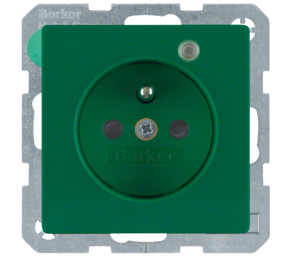 Q.1/Q.3 Gniazdo z uz. z diodą kontrolną LED, z podwyż. ochr. st., zielony, aks Berker 6765096013