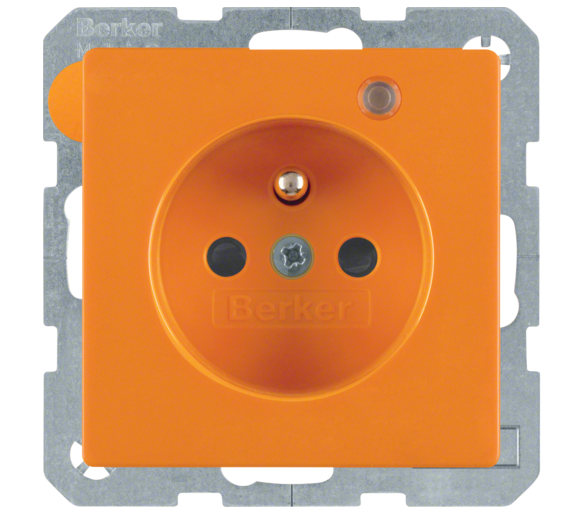 Q.1/Q.3 Gniazdo z uz. z diodą kontrolną LED, z podwyż. ochr. st., pomarańcz aks Berker 6765096014