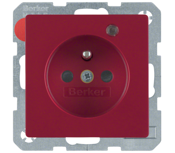 Q.1/Q.3 Gniazdo z uz. z diodą kontrolną LED, z podwyż. ochr. st., czerwony, aks Berker 6765096015