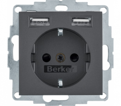 Gniazdo z uziemieniem Schuko i ładowarką USB (samozaciski) antracyt mat Berker B.Kwadrat/B.3/B.7 48031606