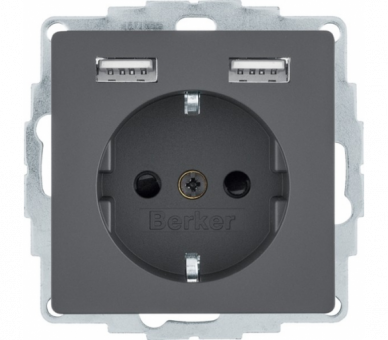 Q.x Gniazdo SCHUKO z gniazdem ładowania USB 2,4 A samozaciski antracyt aksamit Berker 48036086