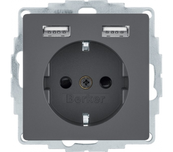 Q.x Gniazdo SCHUKO z gniazdem ładowania USB 2,4 A samozaciski antracyt aksamit Berker 48036086