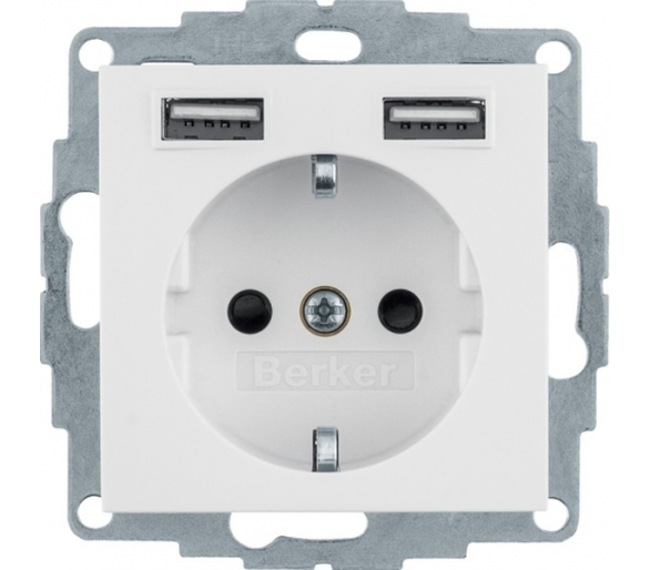 Q.x Gniazdo SCHUKO z gniazdem ładowania USB 2,4 A samozaciski biały aksamit Berker 48036089