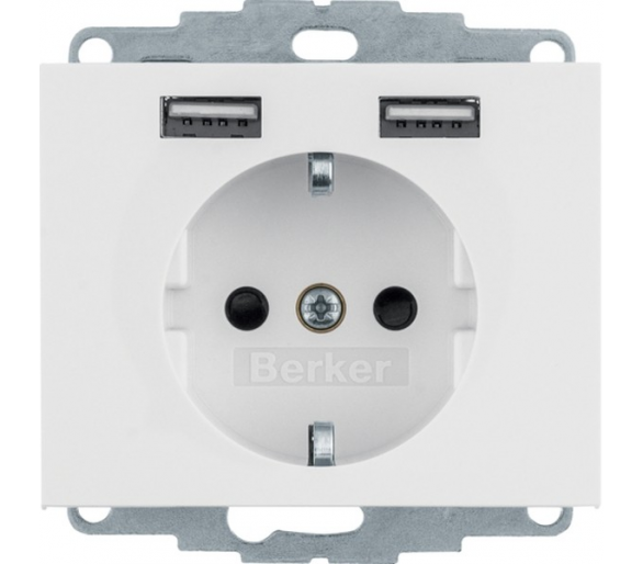 K.1 Gniazdo SCHUKO z gniazdem ładowania USB 2,4 A samozaciski biały połysk Berker 48037009