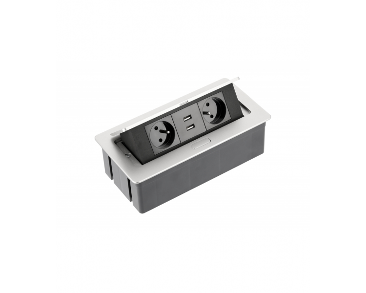 Gniazdo meblowe biurkowe wpuszczane SOFT, 2x gniazdo z uziemieniem + 2x USB, aluminium