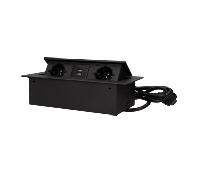 Gniazdo meblowe biurkowe z płaskim frezowanym rantem, wpuszczane, przewód 1,5m, 2x gniazdo Schuko + 2x USB, czarne