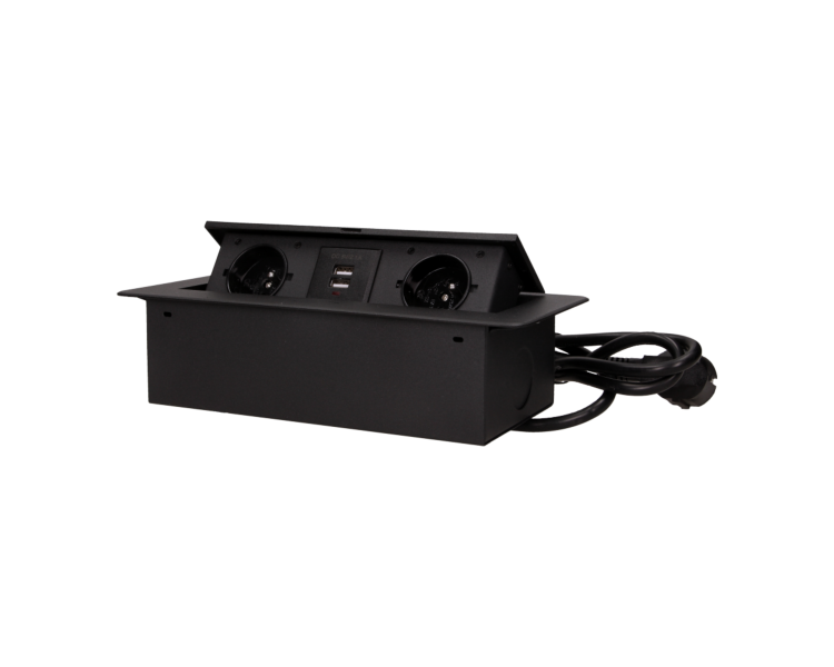 Gniazdo meblowe biurkowe z płaskim frezowanym rantem, wpuszczane, przewód 1,5m, 2x gniazdo Schuko + 2x USB, czarne