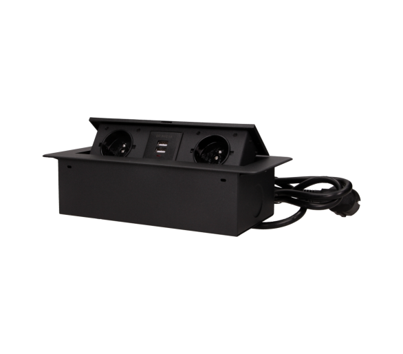 Gniazdo meblowe biurkowe z płaskim frezowanym rantem, wpuszczane, przewód 3m, 2x z uziemieniem + 2x USB, czarne