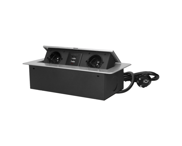 Gniazdo meblowe biurkowe z płaskim frezowanym rantem, wpuszczane, przewód 3m, 2x z uziemieniem + 2x USB, srebrne