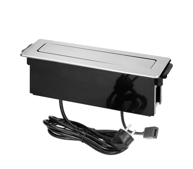 Gniazdo meblowe biurkowe z płaskim frezowanym rantem, wysuwane, przewód 2m, 2x gniazdo z uziemieniem + 2x USB + HDMI, inox