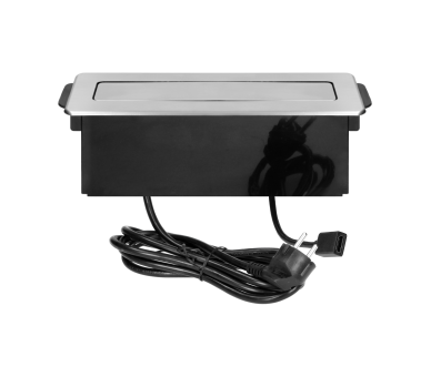 Gniazdo meblowe biurkowe z płaskim frezowanym rantem, wysuwane, przewód 2m, 2x gniazdo Schuko + 2x USB + HDMI, inox