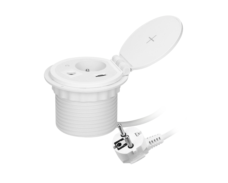 Gniazdo meblowe z przelotką kablową, ładowarką indukcyjną, przewód 1,8m, 1x gniazdo z uziemieniem + 2x USB, białe