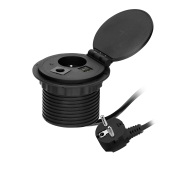 Gniazdo meblowe z przelotką kablową, ładowarką indukcyjną, przewód 1,8m, 1x gniazdo z uziemieniem + 2x USB, czarne