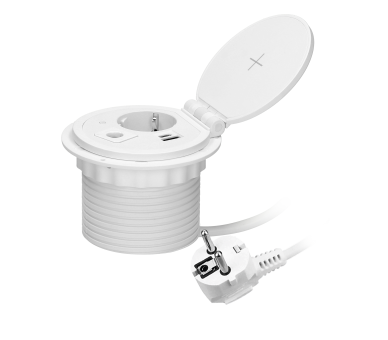 Gniazdo meblowe z przelotką kablową, ładowarką indukcyjną, przewód 1,8m, 1x gniazdo Schuko + 2x USB, białe