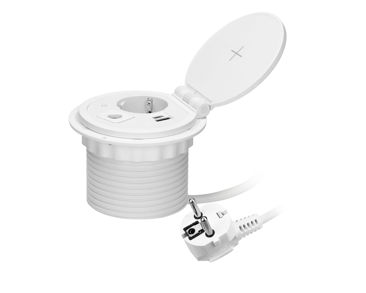 Gniazdo meblowe z przelotką kablową, ładowarką indukcyjną, przewód 1,8m, 1x gniazdo Schuko + 2x USB, białe