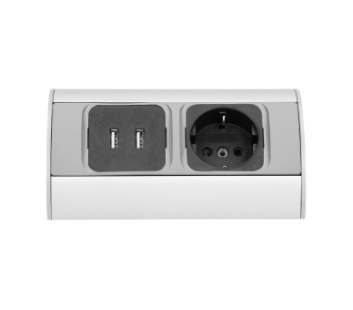 Gniazdo meblowe z przewodem 0,5m, gniazdo Schuko + 2x USB, srebrne