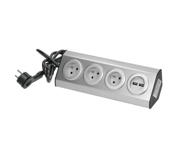 Gniazdo meblowe VIRONE montaż na rzepy, przewód z płaską wtyczką 1,5m, 3x gniazdo z uziemieniem + 2x USB, 16A, inox