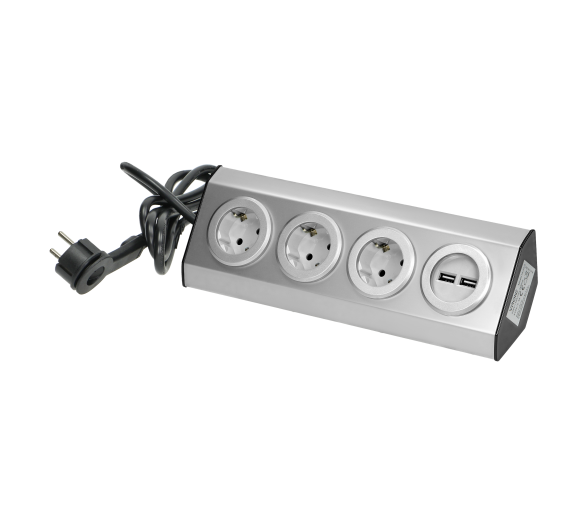 Gniazdo meblowe VIRONE montaż na rzepy, przewód z płaską wtyczką 1,5m, 3x gniazdo Schuko + 2x USB, 16A, inox