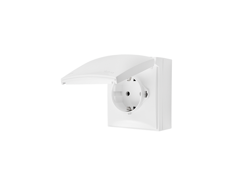 Gniazdo pojedyncze Schuko z przesłonami torów prądowych IP44 klapka w kolorze pokrywy biały 16A ACGSZ1CZ/11 AquaClick