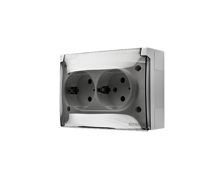Gniazdo podwójne kompaktowe Schuko z przesłonami torów prądowych IP44 klapka transparentna biały 16A ACGSZ2Z/11A AquaClick