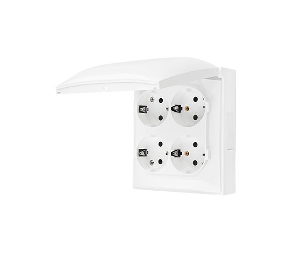Gniazdo poczwórne Schuko IP44 z przesłonami torów prądowych klapka w kolorze pokrywy biały 16A ACGSZ4Z/11 AquaClick