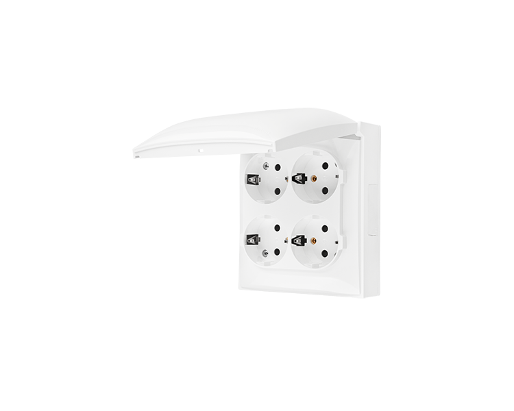 Gniazdo poczwórne Schuko IP44 z przesłonami torów prądowych klapka w kolorze pokrywy biały 16A ACGSZ4CZ/11 AquaClick