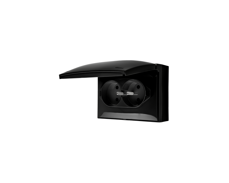 Gniazdo podwójne kompaktowe z uziemieniem IP44 z przesłonami torów klapka w kolorze pokrywy czarny mat 16A ACGZ2Z/49 AquaClick
