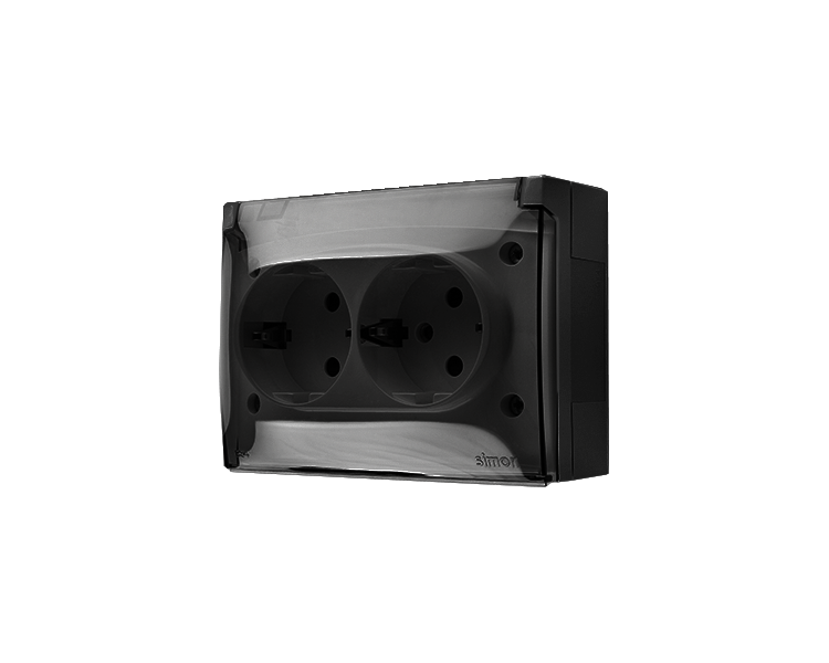 Gniazdo podwójne kompaktowe Schuko z przesłonami torów prądowych IP44 klapka transparentna czarny mat 16A ACGSZ2Z/49A AquaClick