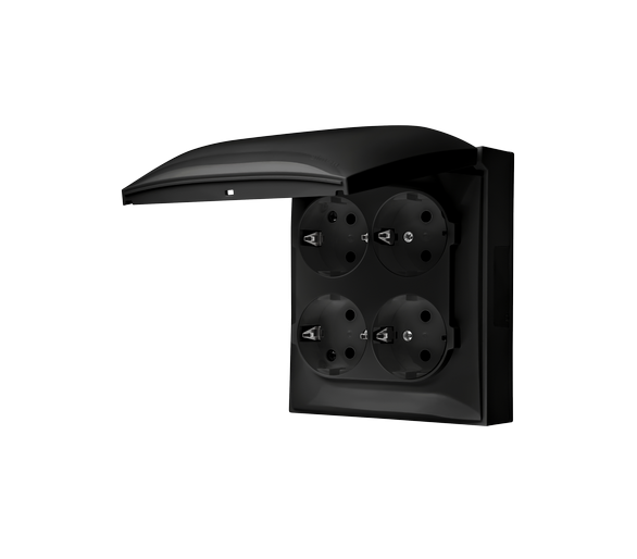 Gniazdo poczwórne Schuko IP44 z przesłonami torów prądowych klapka w kolorze pokrywy czarny mat 16A ACGSZ4Z/49 AquaClick