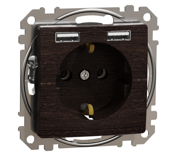 Gniazdo zasilające Schuko + podwójne USB typ A 2,4A, wenge, efekt drewna Schneider SDD181052