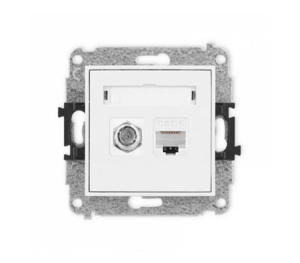 Gniazdo antenowe typu F (SAT) + gniazdo komputerowe 1xRJ45, kat. 6, 8-stykowy, Biały Mat Karlik Mini 25MGFK-3