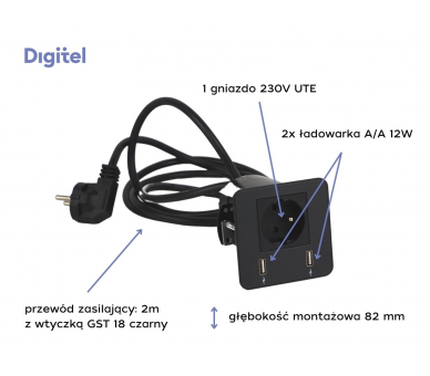 Gniazdo meblowe SOURCE 230V z uziemieniem + 2x ładowarka USB A/A czarne z wtyczką 2m DIGITEL