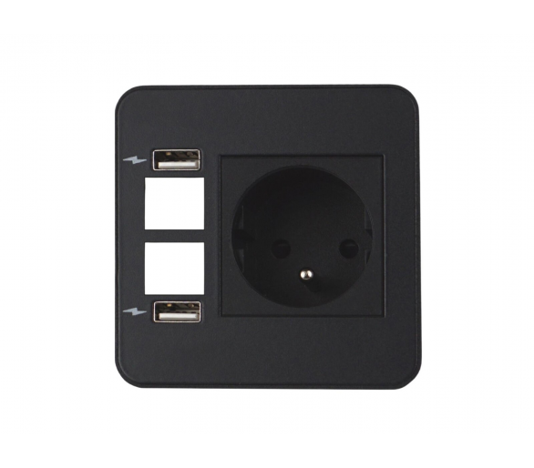 Gniazdo meblowe SOURCE 230V z uziemieniem + 2x ładowarka USB A/A + 2x pusty moduł czarne z wtyczką 2m DIGITEL