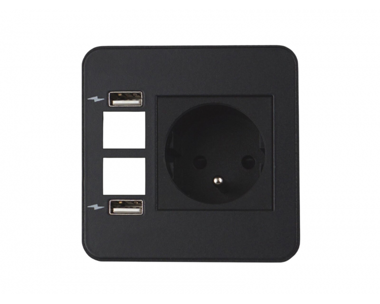 Gniazdo meblowe SOURCE 230V z uziemieniem + 2x ładowarka USB A/A + 2x pusty moduł czarne z wtyczką 2m DIGITEL
