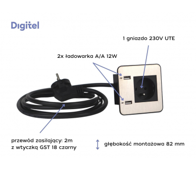 Gniazdo meblowe SOURCE 230V z uziemieniem + 2x ładowarka USB A/A stal nierdzewna z wtyczką 2m DIGITEL