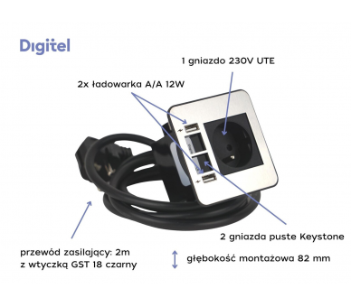 Gniazdo meblowe SOURCE 230V z uziemieniem + 2x ładowarka USB A/A + 2x pusty moduł stal nierdzewna wtyczką 2m DIGITEL