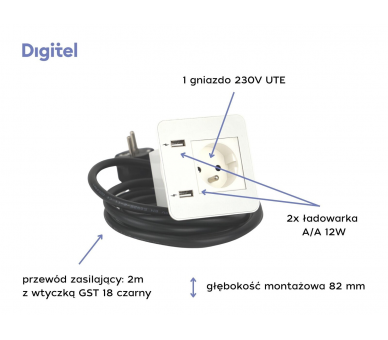 Gniazdo meblowe SOURCE 230V z uziemieniem + 2x ładowarka USB A/A białe z wtyczką 2m DIGITEL