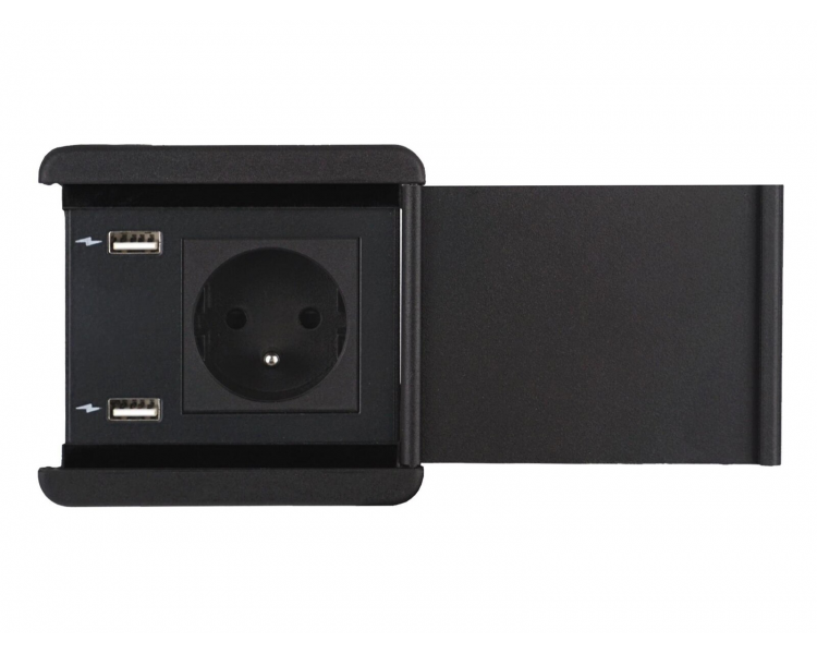 Gniazdo meblowe z pokrywą SOURCE 230V z uziemieniem + 2x ładowarka USB A/A czarne z wtyczką 2m DIGITEL