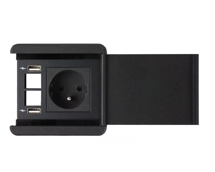 Gniazdo meblowe z pokrywą SOURCE 230V z uziemieniem + 2x ładowarka USB A/A + 2x pusty moduł czarne z wtyczką 2m DIGITEL