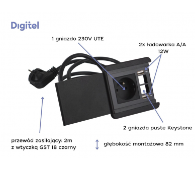 Gniazdo meblowe z pokrywą SOURCE 230V z uziemieniem + 2x ładowarka USB A/A + 2x pusty moduł czarne z wtyczką 2m DIGITEL