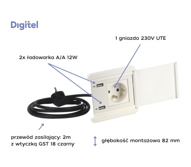Gniazdo meblowe z pokrywą SOURCE COVER 230V z uziemieniem + 2x ładowarka USB A/A białe z wtyczką 2m DIGITEL