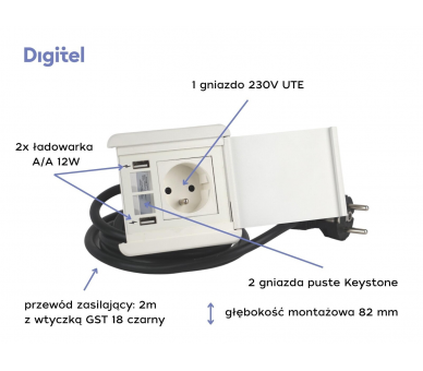 Gniazdo meblowe z pokrywą SOURCE COVER 230V z uziemieniem + 2x ładowarka USB A/A + 2x pusty moduł białe z wtyczką 2m DIGITEL